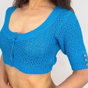 NWT Free People Beach Crochet Button Up Crop Sweater - turquoise - medium